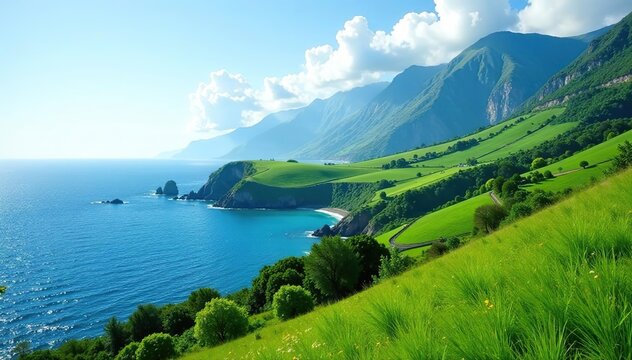 Rolling hills covered in vibrant greenery leading to a rugged coastline with a backdrop of towering mountains, rural,  Scotland