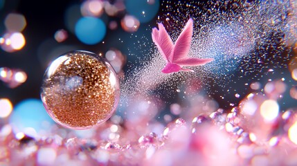 Floating Pink Bird and Glitter Around Bubble in Dreamy Fantasy Scene