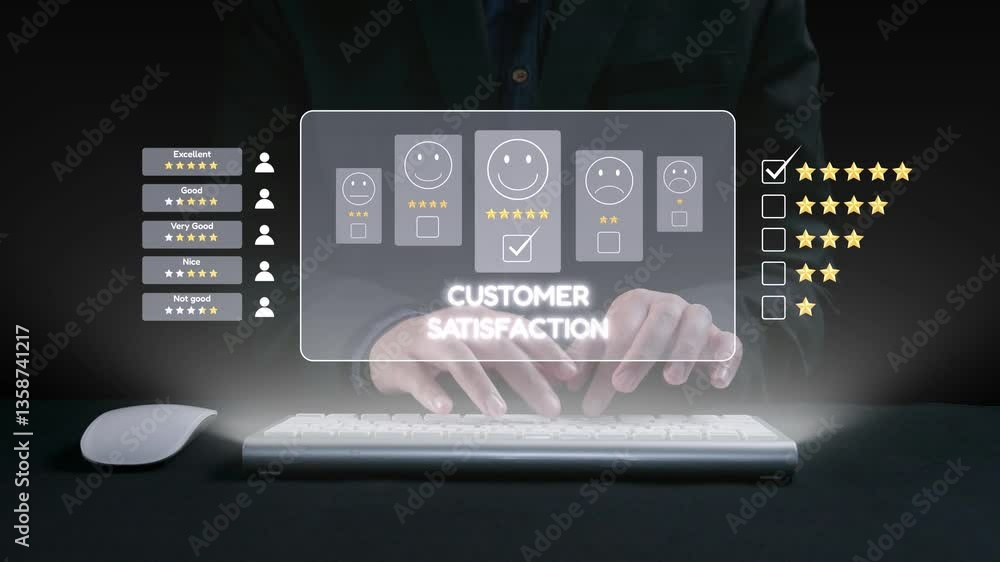 Aufkleber hands typing on a keyboard in front of a digital display showing customer satisfaction metrics and f