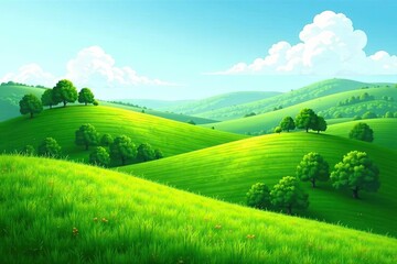Rolling hills with lush pasture grass, scattered trees, and a clear horizon in a rural landscape vector background,  hills,  meadows