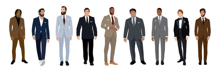 Set of elegant businessmen wearing formal outfit - suit or tuxedo. Collection of handsome male characters different races, body types. Vector flat realistic illustration isolated 