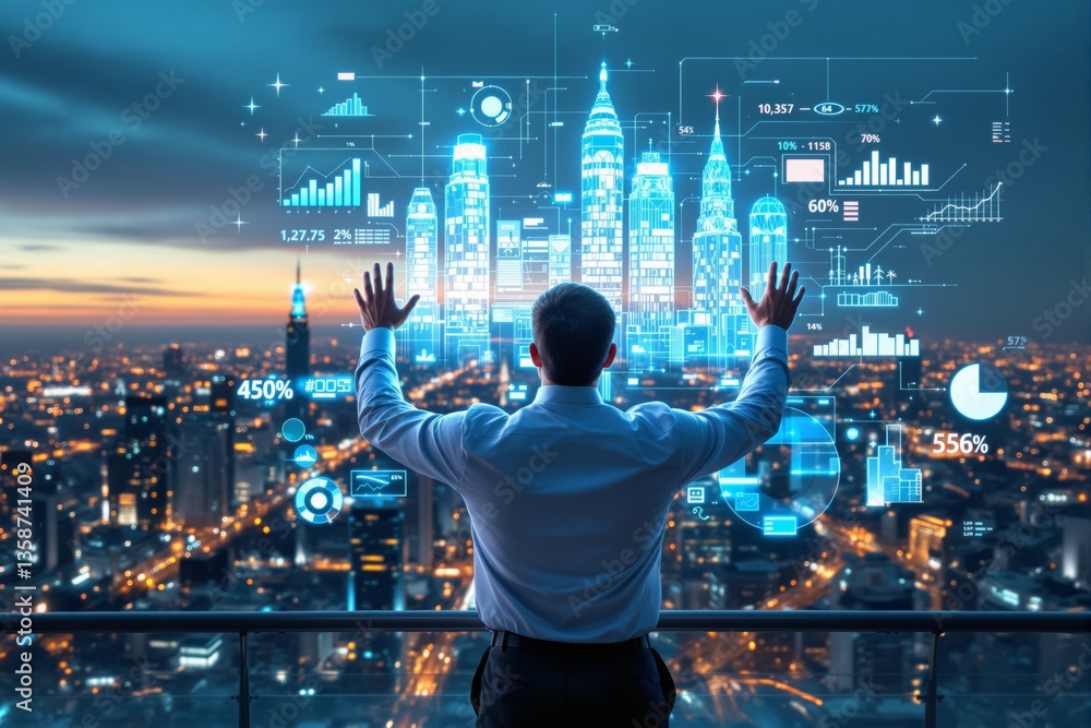 Poster businessman interacts with a futuristic digital city interface displaying data and analytics on a ba