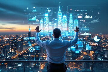 Businessman interacts with a futuristic digital city interface displaying data and analytics on a balcony, overlooking an illuminated urban skyline. Ai generative