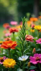 Fototapeta premium Rosemary sprig nestled among vibrant flowers in a garden setting, bloom, floral