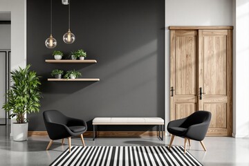Stylish modern interior with dark background, wooden doors, chairs, and green plants. Elegant lighting and striped rug enhance the design. Ai generative
