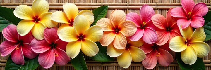 Fototapeta premium Tropical arrangement of frangipani and hibiscus flowers on a bamboo mat, beautiful, exotic