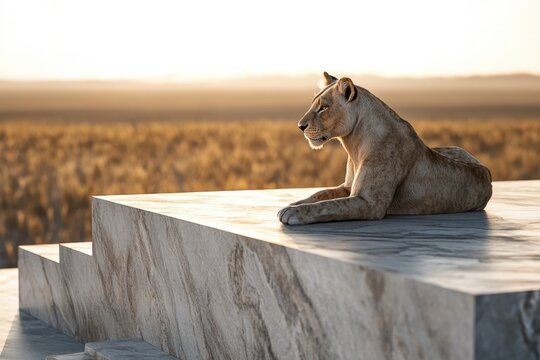 A lioness rests on a marble platform, overlooking a vast golden savanna at sunset. - Powered by Adobe