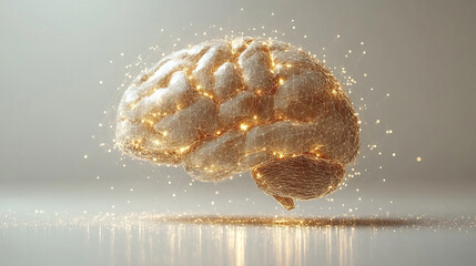 Low poly brain with glowing gold and silver wireframe on white background. Symbolizes artificial intelligence, wisdom, and human cognition. Modern lines and dots create a futuristic, digital feel.

