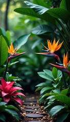 Tropical garden with vibrant pink and red exotic flowers and plants,  red,  beautiful