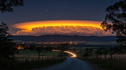 Naklejka premium Night Sky Cloud Circle Over Country Road
