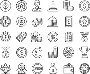 Coin Money Currency Finance Outline Icons Vector Set