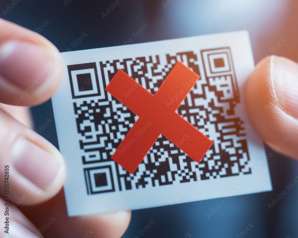 Poster anti tracking anonymity concept. a hand holding a qr code card marked with a red cross.