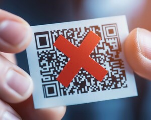 anti tracking anonymity concept. A hand holding a QR code card marked with a red cross.