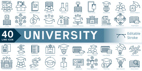 university icon set, simple line element university with editable stroke, university simple icon, higher education icon line style vector image