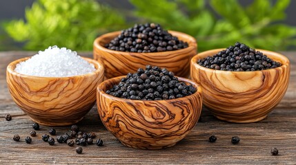 Assorted Black Pepper Varieties and Sea Salt in Wooden Bowls