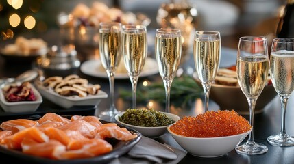 Naklejka premium Elegant Festive Dinner Setting with Champagne Caviar and Salmon