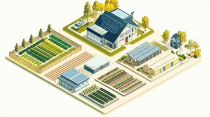 Obraz premium Modern Agricultural Farm Layout with Greenhouses and Fields