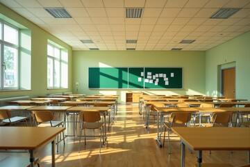 Bright classroom interior with wooden desks, chairs, and green chalkboard, illuminated by sunlight through large windows. Educational background concept. Ai generative
