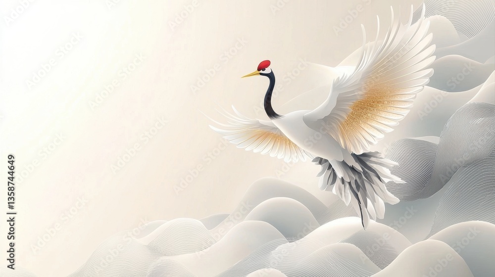 Poster elegant crane in flight over soft abstract waves with subtle color gradients