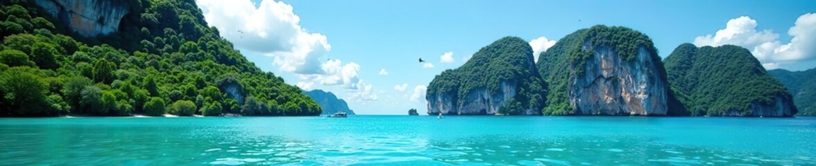 Fototapeta premium Tropical paradise with crystal clear waters, lush greenery, and towering limestone cliffs on Mu Koh Ang Thong island in Koh Samui, Thailand, paradise, vacation