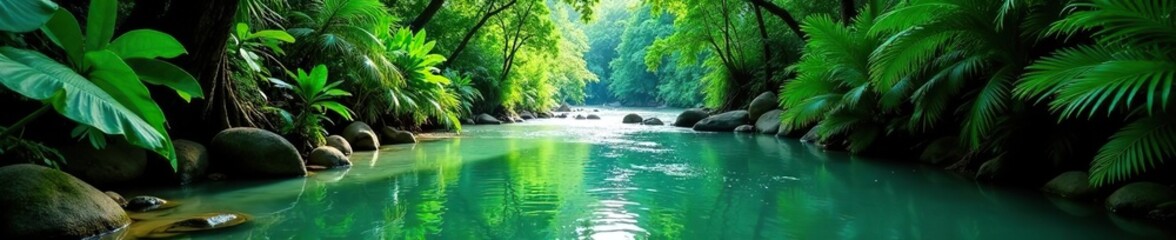 Tropical river flowing through lush green jungle foliage in Thailand wilderness,  dense,  jungle