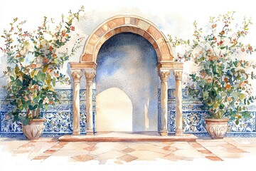 Watercolor painting of a quiet mosque entrance with elegant floral designs and smooth stone columns. The gentle sky glows behind the arch, on isolated white background