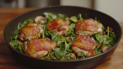 Crispy Chicken Thighs on a Bed of Fresh Greens and Mushrooms