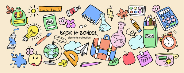 back to school doodle elements collection , education, autumn, decoration, hand drawn, book, paint, pencil, backpack, alarm, calculator, globe, ruler, organiser, vector illustration