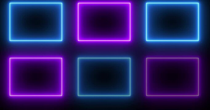 4K neon glowing square shapes on dark BG. Cool animated square shapes for online shop, blog, web, advertisement, cafe, and hotel on a dark background.Technology video material animation. Easy to use.