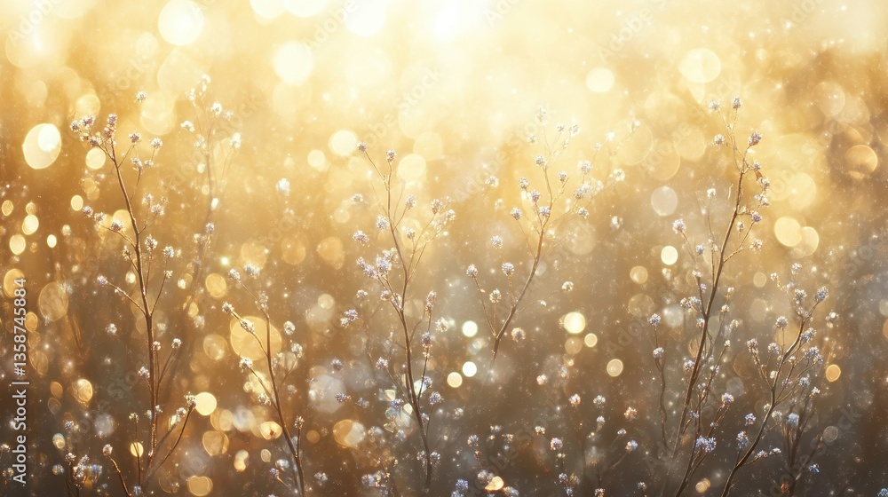 Poster Golden Hour Dew Drops on Plants: Soft Light and Sparkling Bokeh Background