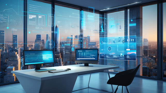 A sleek, futuristic workspace featuring a desktop system in a modern office setting with ambient lighting.

