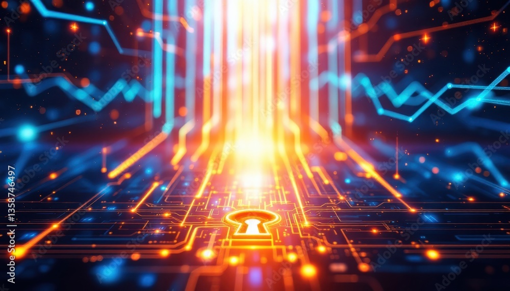Poster futuristic digital data stream with glowing circuit and keyhole symbol