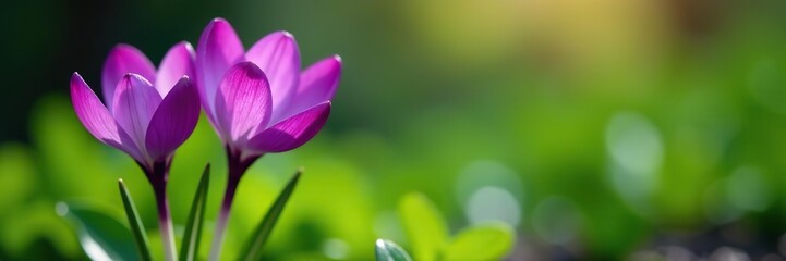 Two vibrant purple crocus flowers in full bloom standing against a green foliage background,  wildflowers,  colorful