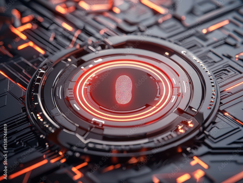Poster anti tracking anonymity fingerprint biometric concept. futuristic fingerprint scanner on a digital c