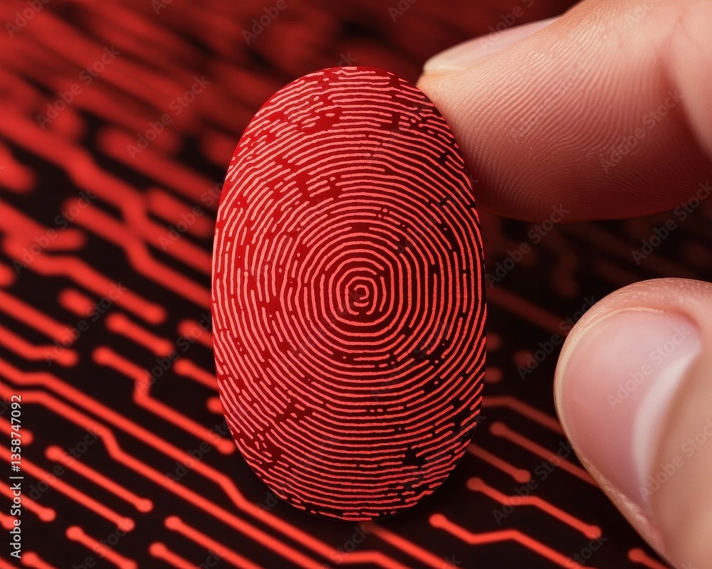Poster anti tracking anonymity fingerprint biometric concept. fingerprint on digital circuit background sho