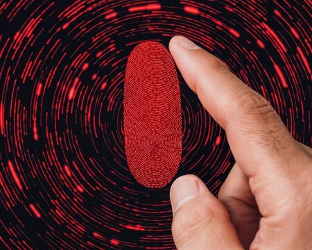 anti tracking anonymity fingerprint biometric concept. Digital fingerprint surrounded by swirling patterns of color and light.