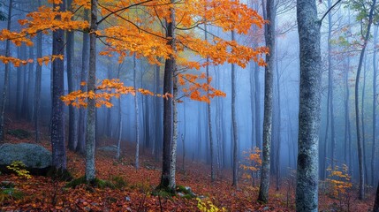Misty Autumn Forest with Orange Leaves and Blue Fog