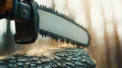 Close-Up View of Chainsaw Cutting Through Wooden Log in Forest