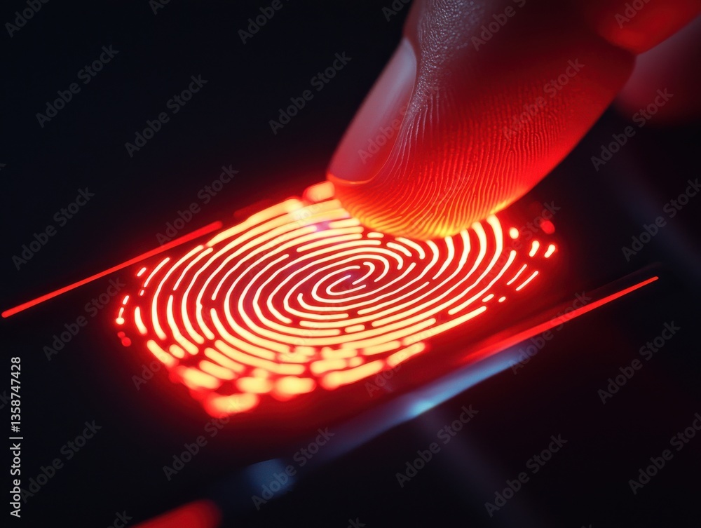Poster anti tracking anonymity fingerprint biometric concept. fingerprint scanning on a digital device with