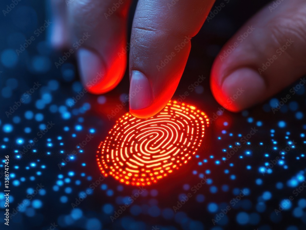 Poster anti tracking anonymity fingerprint biometric concept. digital fingerprint scanning with glowing par