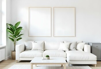 Two blank posters on a white wall above a gray cabinet, a white sofa and a marble table in a living room