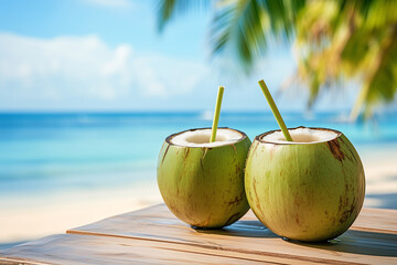 two green coconut drinks with straws on a wooden table at a tropical beach with palm trees and blue ocean in the background