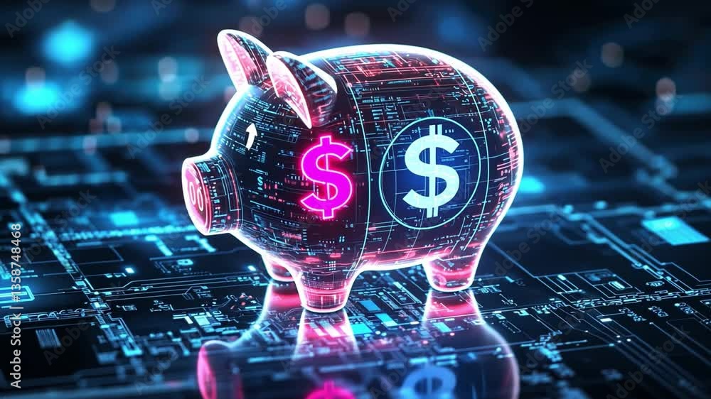 Aufkleber futuristic digital piggy bank with glowing graphics on a tech-inspired background representing savin