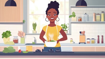 Attractive African American woman cooking delicious homemade meal in her kitchen at home