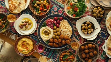 Fototapeta premium Overhead View of a Colorful Mediterranean Meal on an Ornate Table