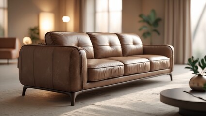 Comfortable brown leather sofa and armchair in a modern living room interior