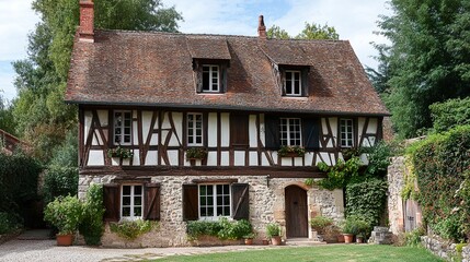 Fototapeta premium A half-timbered house partially restored exposed beams and fresh white plaster revealing a harmonious blend of old and new. 