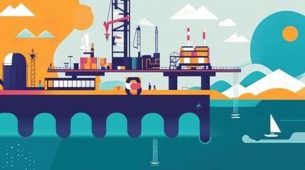 Obraz premium Colorful Illustration of Offshore Oil Rig and Marine Surroundings