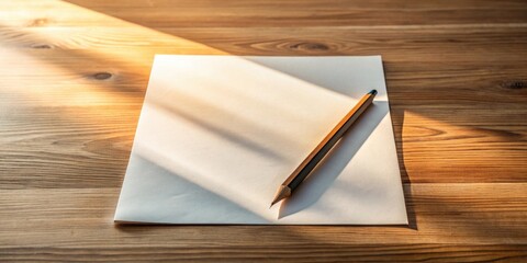 Blank sheet of paper and pencil resting on a wooden surface bathed in sunlight, ready for creative expression and thoughtful writing.