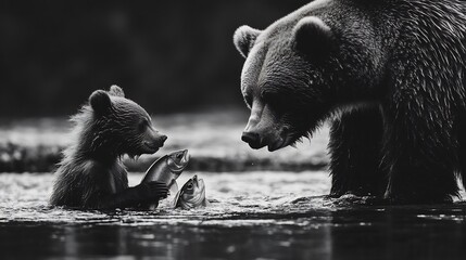 Mother bear teaching her cub to fish in a sparkling stream selective color emphasizing the fish